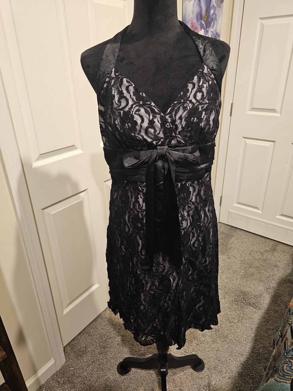 Women's Black Lace Halter Dress with Satin Waist Tie